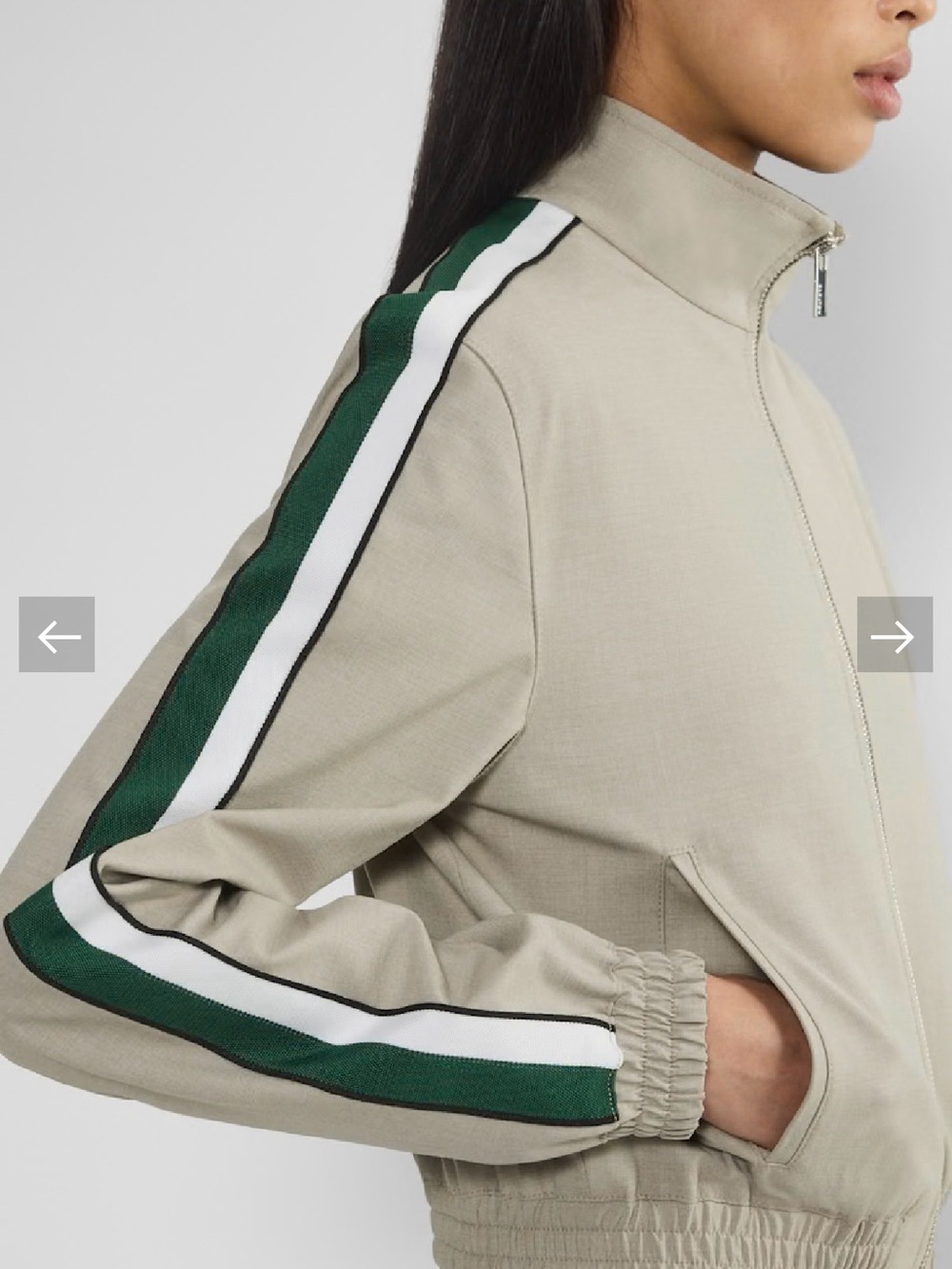 Aritzia Beige Bomber Jacket with Green & White Sleeve Stripes